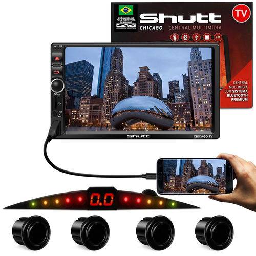 Kit Central Multimídia Shutt Chicago Tv 7 Pol Bluetooth Tv Digital USB + Sensor Ré 4 Pontos Preto