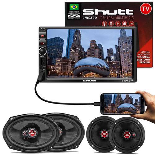 Kit Central Multimídia Shutt Chicago Tv 7 Pol Led Bluetooth Tv Digital Touch USB + Kit Fácil Foxer