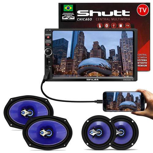 Kit Central Multimídia Shutt Chicago Tv 7 Pol Led Bluetooth Tv Digital USB + Kit Fácil Falante Shutt