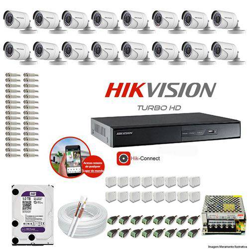 Kit Cftv 16 Câmeras Hikvision Dvr 16 Canais Ds-7216 HD 1tb Wd