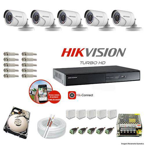 Kit Cftv 5 Câmeras Hikvision Dvr 8 Canais Ds-7208 HD 320gb
