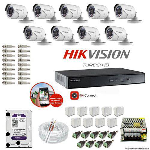 Kit Cftv 9 Câmeras Hikvision Dvr 16 Canais Ds-7216 HD 2tb Wd