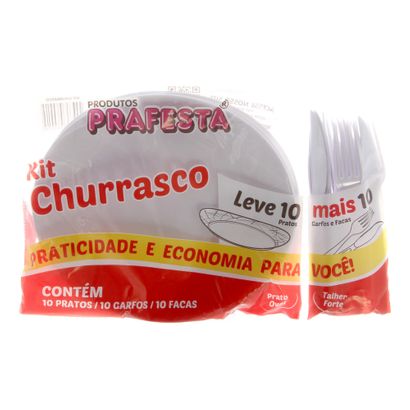 Kit Churrasco Descartável para Refeição Branco com 10 Pratos, 10 Garfos e 10 Facas Prafesta
