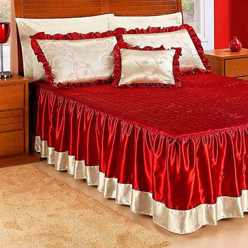 Kit Colcha Vermelha de Cetim 7 Peças Casal Padrão com Almofada Decorativa