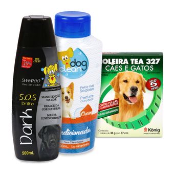 Kit Coleira Contra Pulgas/Carrapatos Cães G. König+Shampoo Dark Dog Clean+Condicionador Dog Clean