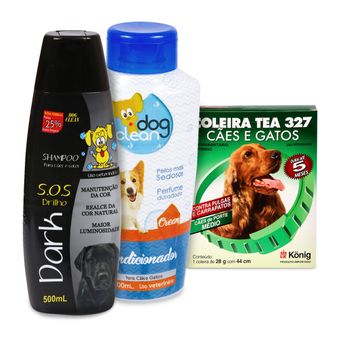 Kit Coleira Contra Pulgas/Carrapatos Cães M. König+Shampoo Dark Dog Clean+Condicionador Dog Clean