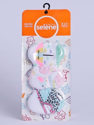 Kit com 03 Meias Infantil para Bebê Selene Verde/rosa/azul