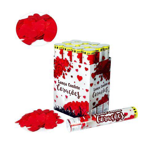 Kit com 12 Lança Confetes de Coração de Papel Vermelho 30 Cm