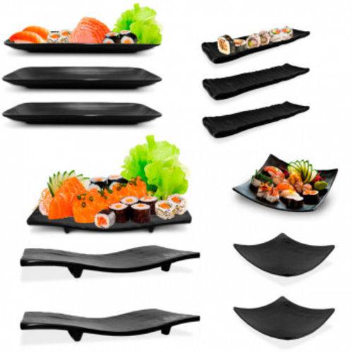 Kit com 12 Pecas Pratos em Melamina/Plastico Preto para Sushi Utilgoods