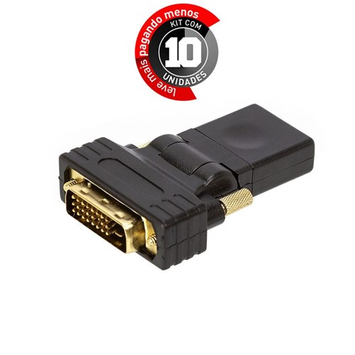 Kit com 10 Adaptador DVI-D Macho para HDMI Fêmea Rotativo