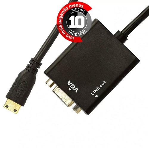 Kit com 10 Cabos Adaptador Mini HDMI para VGA com Áudio