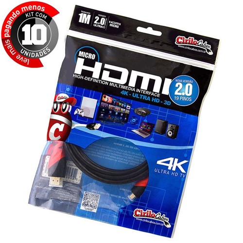 Kit com 10 Cabos MICRO HDMI para HDMI 2.0, Ultra HD, 4K, 3D, 1 Metro