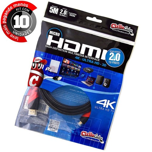 Kit com 10 Cabos MICRO HDMI para HDMI 2.0, Ultra HD, 4K, 3D, 5 Metros