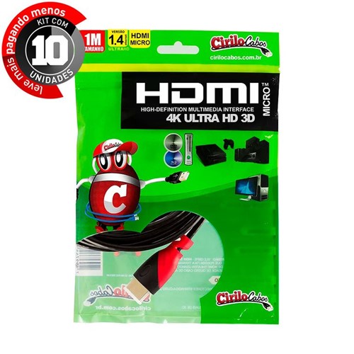 Kit com 10 Cabos MICRO HDMI para HDMI 1.4 Ultra HD 3D, 1 Metro - Cirilo Cabos
