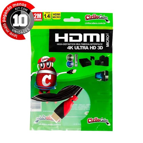 Kit com 10 Cabos MICRO HDMI para HDMI 1.4 Ultra HD 3D, 2 Metros - Cirilo Cabos
