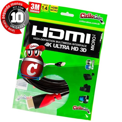 Kit com 10 Cabos MICRO HDMI para HDMI 1.4 Ultra HD 3D, 3 Metros - Cirilo Cabos