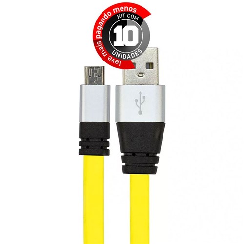 Kit com 10 Cabos Micro USB Flat Celular de Silicone Carregador e Dados Amarelo