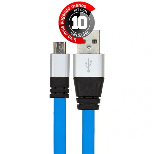 Kit com 10 Cabos Micro USB Flat Celular de Silicone Carregador e Dados Azul