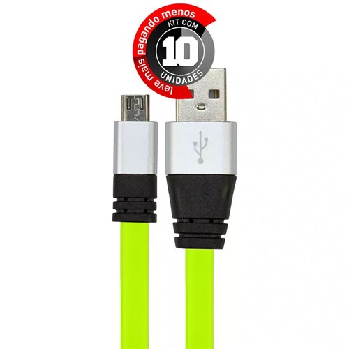 Kit com 10 Cabos Micro USB Flat Celular de Silicone Carregador e Dados Verde