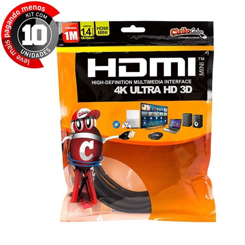 Kit com 10 Cabos MINI HDMI para HDMI 1.4 Ultra HD 3D, 1 Metro - Cirilo Cabos