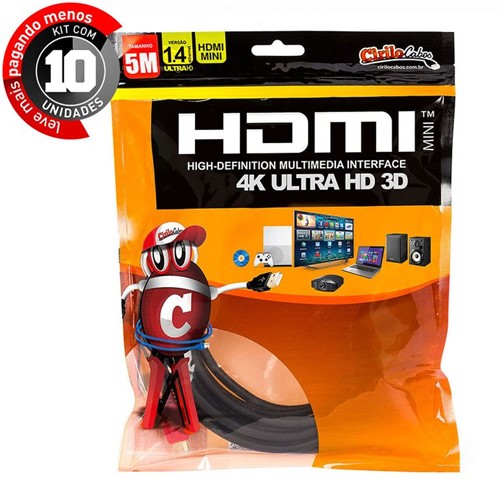 Kit com 10 Cabos MINI HDMI para HDMI 1.4 Ultra HD 3D, 5 Metros - Cirilo Cabos