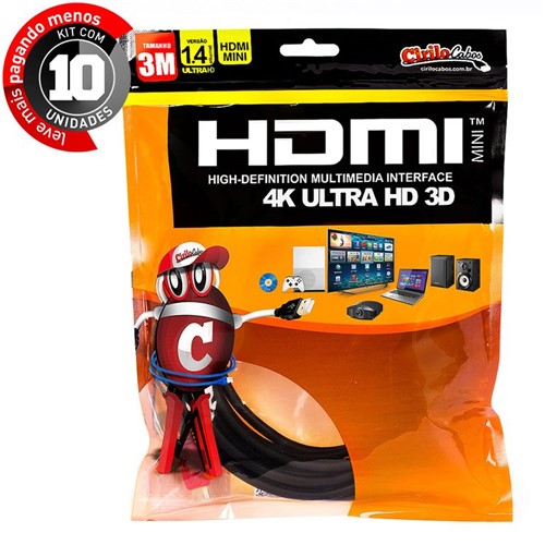 Kit com 10 Cabos MINI HDMI para HDMI 1.4 Ultra HD 3D, 3 Metros - Cirilo Cabos