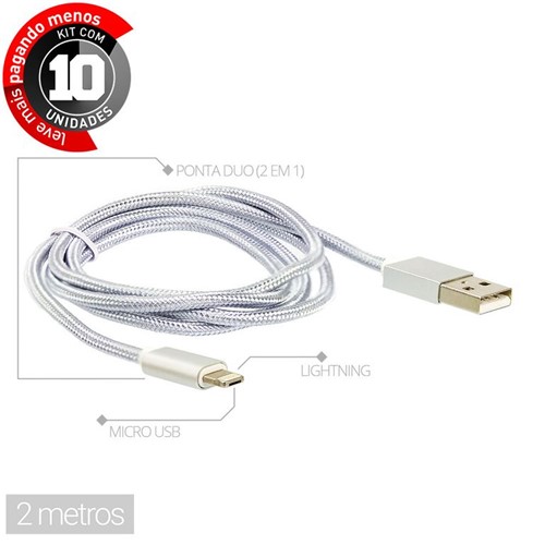 Kit com 10 Cabos USB para Android e Iphone 2 em 1 (Micro USB e Lightning) 2 Metros