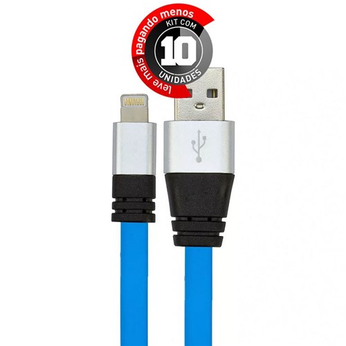 Kit com 10 Cabos USB Silicone Carregador e Dados IPhone 5 Até 10 Azul