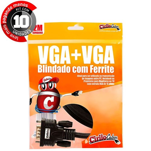 Kit com 10 Cabos VGA Blindado com Ferrite, 2 Metros - Cirilo Cabos
