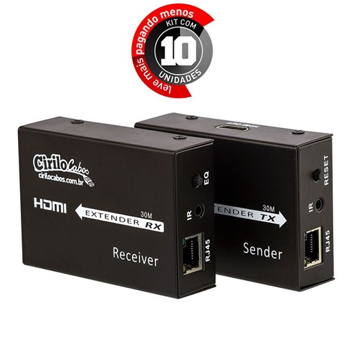 Kit com 10 Extensor HDMI 30 Metros - Cat-5e Cat-6 - 3D - 1080P