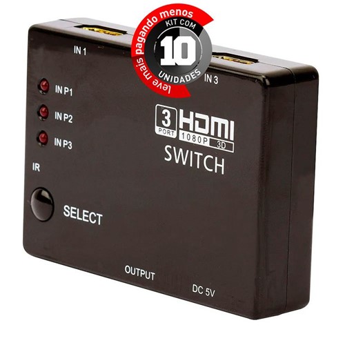 Kit com 10 Switch 3x1 HDMI FULL HD 1080p 3D com Controle