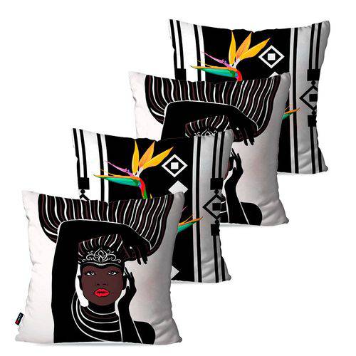 Kit com 4 Capas para Almofadas Decorativas Branco Africanas