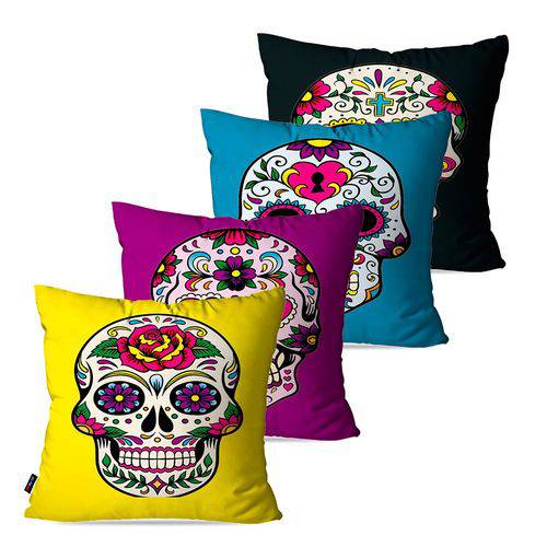 Kit com 4 Almofadas Decorativas Coloridas Caveiras Mexicanas