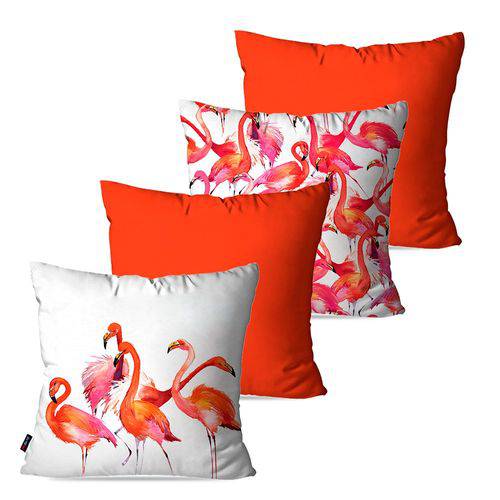 Kit com 4 Almofadas Decorativas Laranja Flamingos