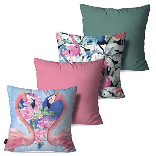 Kit com 4 Almofadas Decorativas Rosa Love Flamingos e Flores
