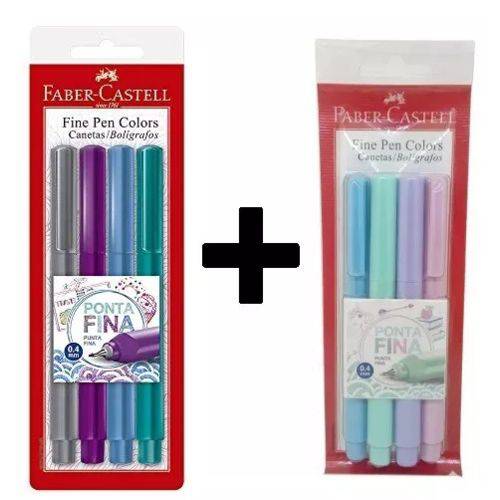 Kit com 4 Caneta Fine Pen Colors Faber Castell + 4 Canetas Fine Pen Pastel Faber Castell