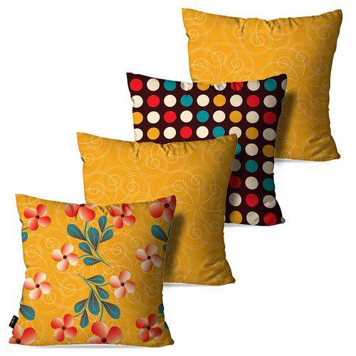 Kit com 4 Capas para Almofadas Decorativas Amarelo Ocre Flores Poá Abstrato