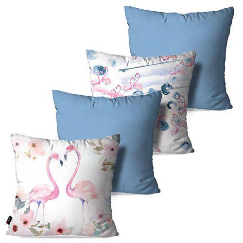 Kit com 4 Capas para Almofadas Decorativas Azul Love Flamingos
