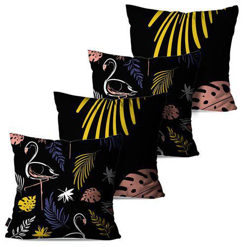 Kit com 4 Capas para Almofadas Decorativas Preto Tropical Flamingos e Folhas