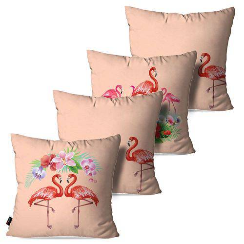 Kit com 4 Capas para Almofadas Decorativas Rosa Envelhecido Flamingos e Flores