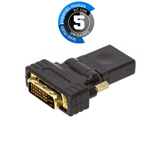 Kit com 5 Adaptador DVI-D Macho para HDMI Fêmea Rotativo