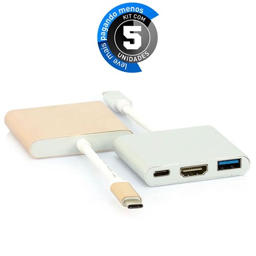 Kit com 5 Adaptadores USB 3.1-C Multiporta com USB, HDMI e USB-C Prata
