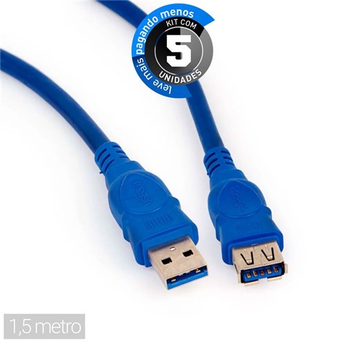 Kit com 5 Cabo Extensão SuperSpeed USB 3.0 - 1,5 Metro