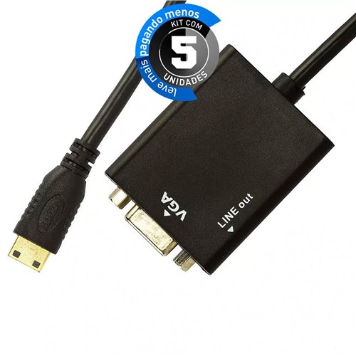 Kit com 5 Cabos Adaptador Mini HDMI para VGA com Áudio