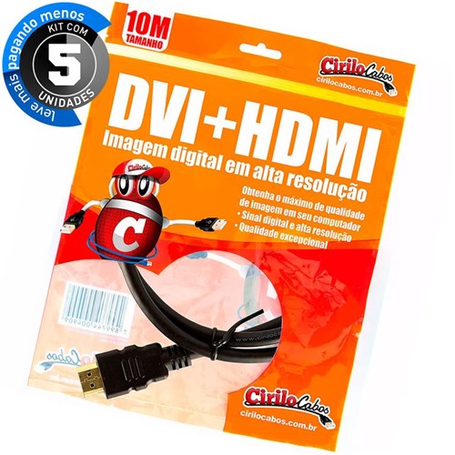 Kit com 5 Cabos DVI para HDMI, 10 Metros - Cirilo Cabos
