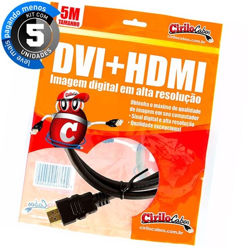 Kit com 5 Cabos DVI para HDMI, 5 Metros - Cirilo Cabos