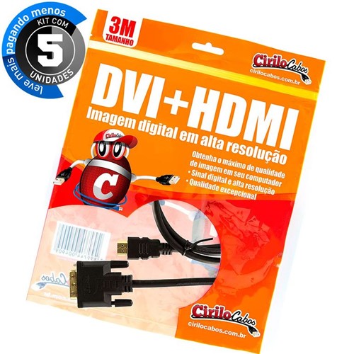 Kit com 5 Cabos DVI para HDMI, 3 Metros - Cirilo Cabos