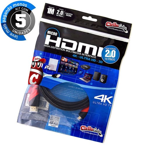 Kit com 5 Cabos MICRO HDMI para HDMI 2.0, Ultra HD, 4K, 3D, 1 Metro