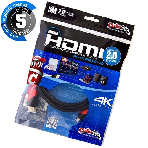 Kit com 5 Cabos MICRO HDMI para HDMI 2.0, Ultra HD, 4K, 3D, 5 Metros