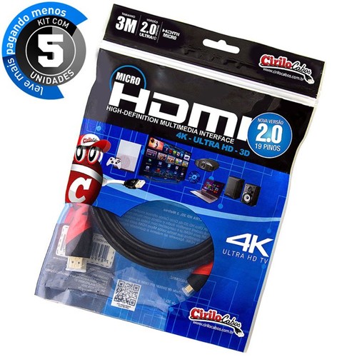 Kit com 5 Cabos MICRO HDMI para HDMI 2.0, Ultra HD, 4K, 3D, 3 Metros